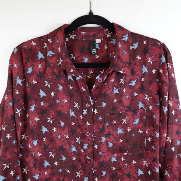 Kut From The Kloth Patriotic Blouse Womens Large Red White Blue Stars USA Button - Picture 12 of 13